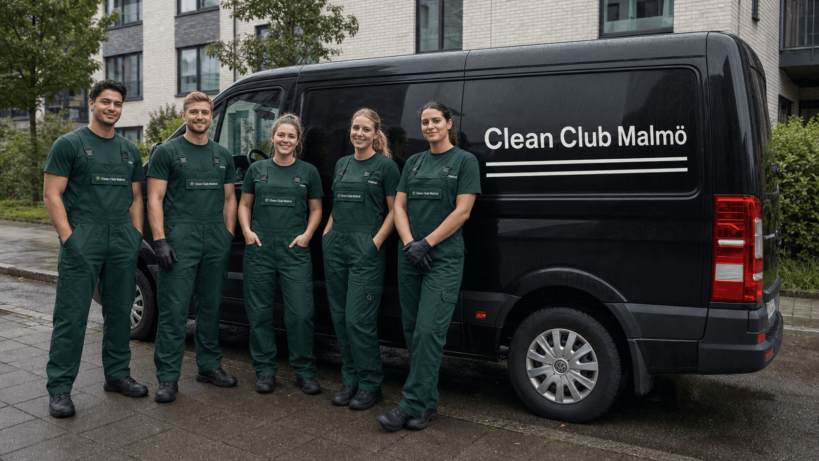 Clean Club Malmö team bredvid en brandad servicebil