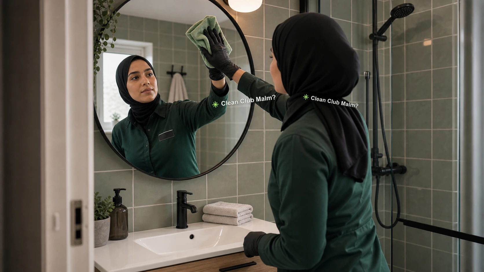 Clean Club Malmö worker polishing a bathroom mirror