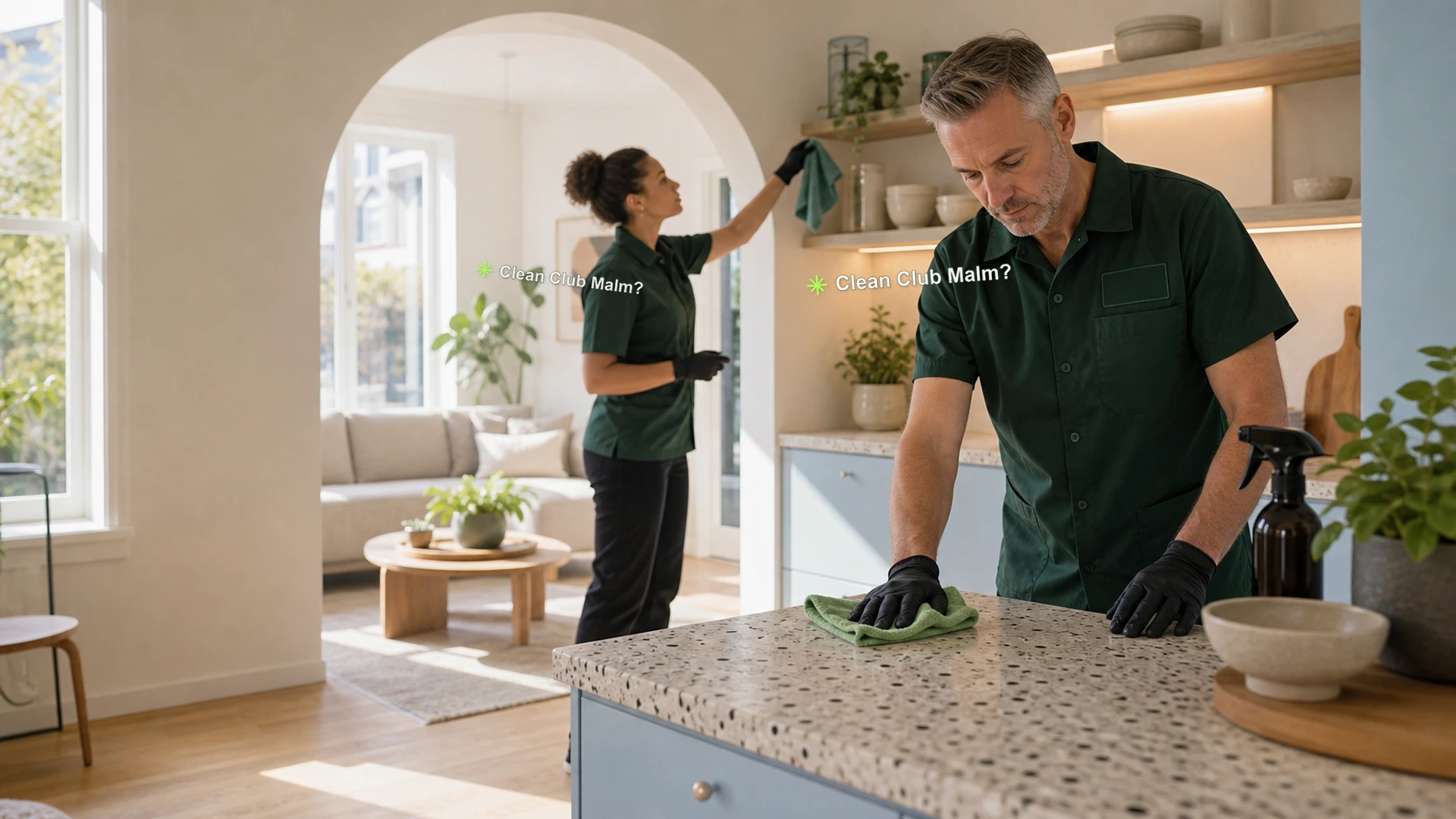Clean Club Malmö team cleaning a bright Scandinavian home