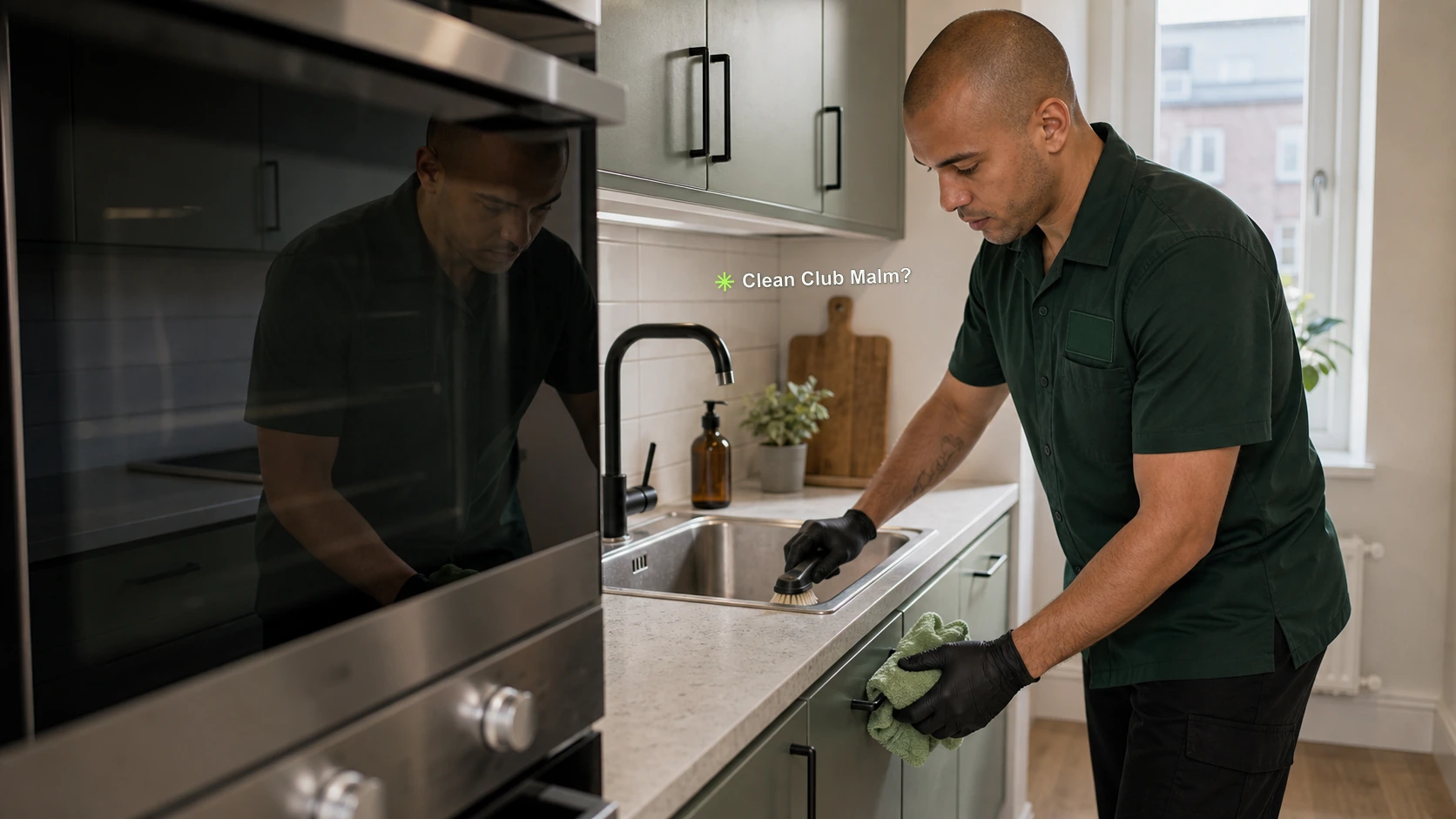 Clean Club Malmö worker cleaning a compact apartment kitchen