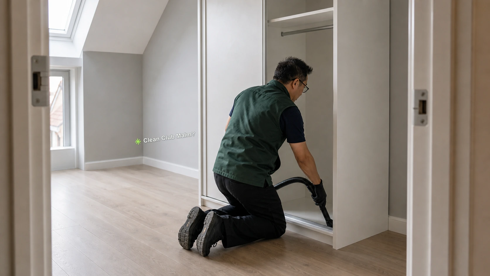 Clean Club Malmö worker vacuuming a wardrobe track in an empty bedroom
