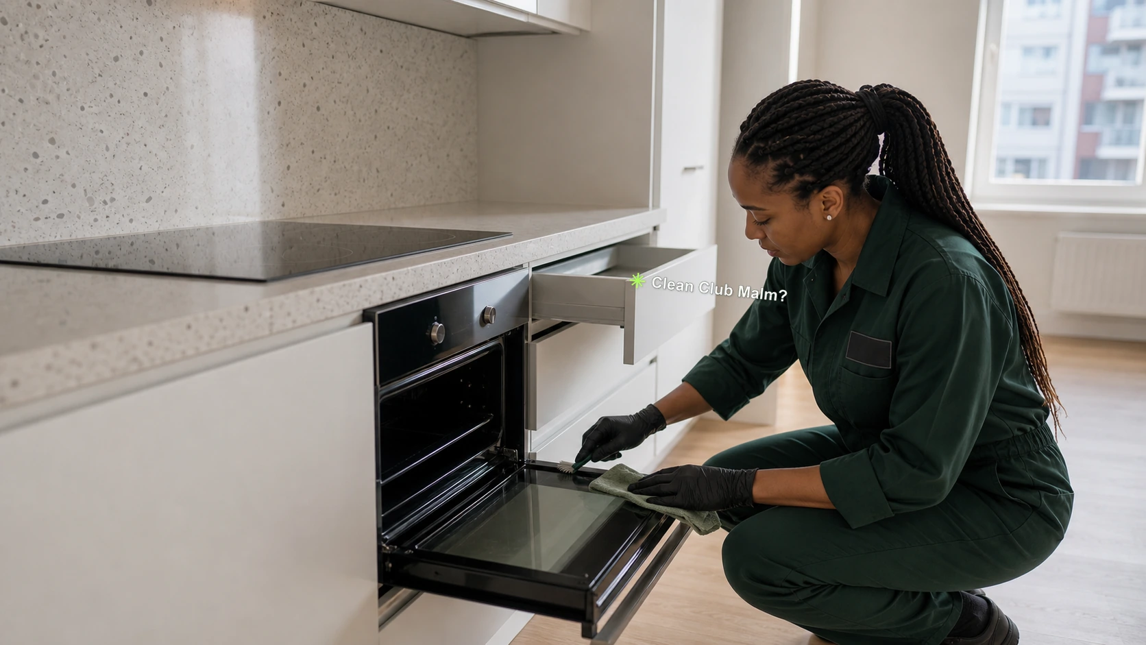 Clean Club Malmö worker cleaning an oven edge in an empty apartment kitchen