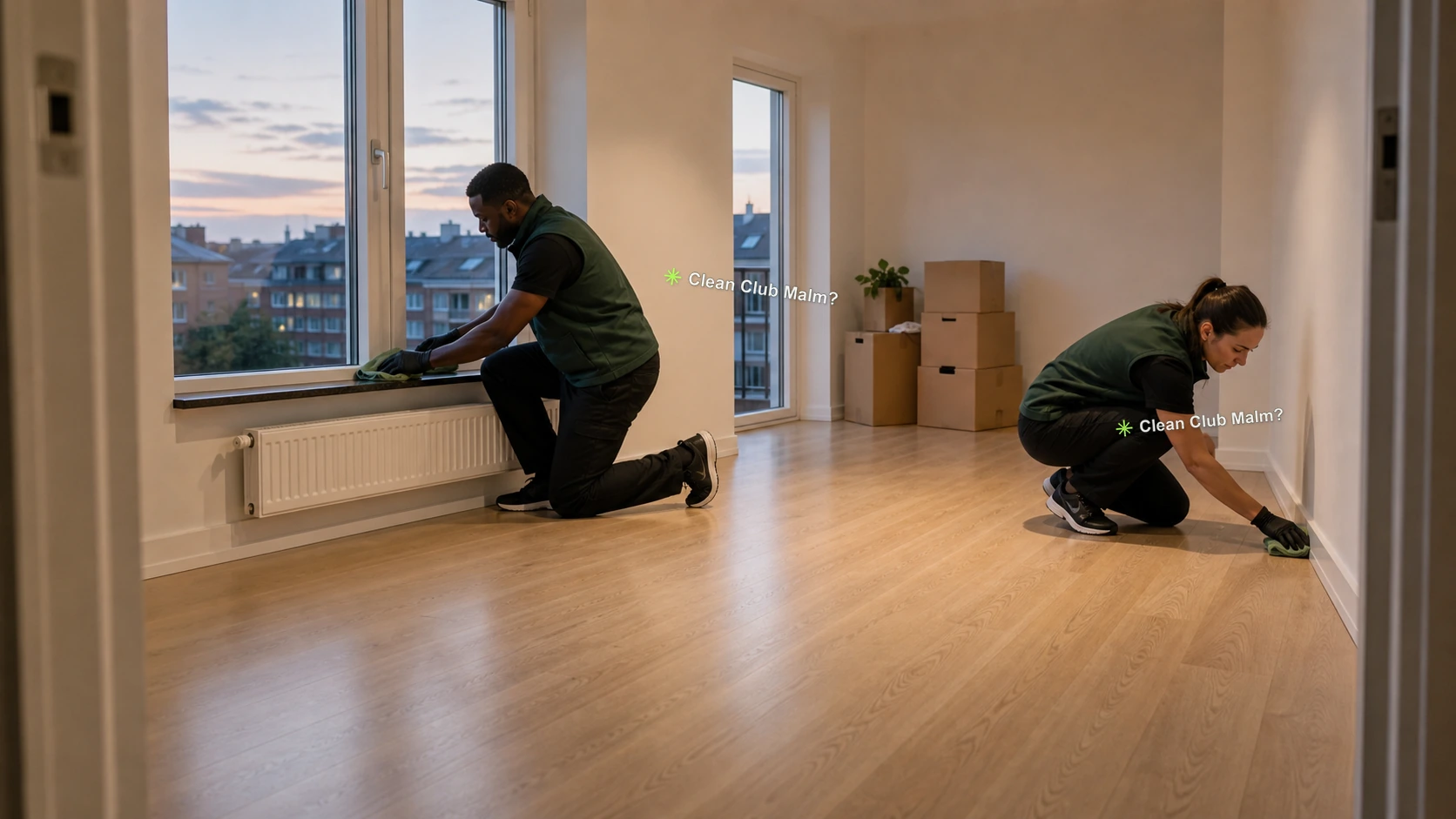 Clean Club Malmö team cleaning an empty apartment before handover