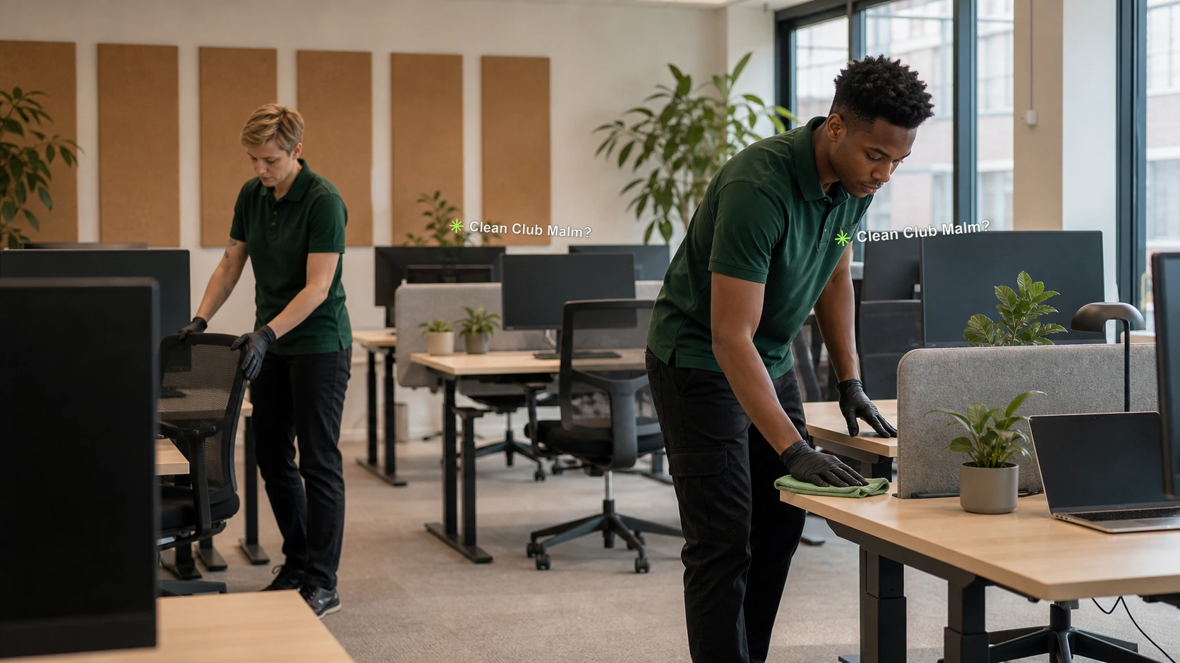 Clean Club Malmö workers preparing office desks for the workday