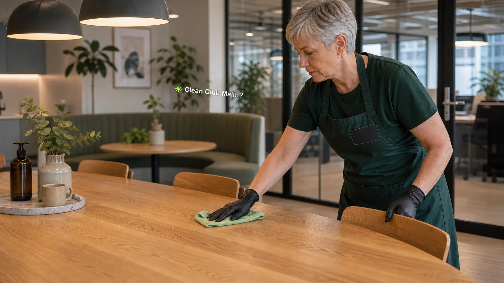 Clean Club Malmö worker cleaning a shared office lounge table