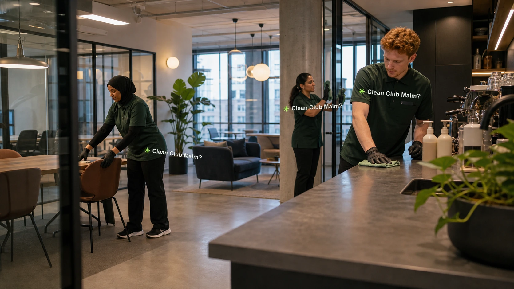 Clean Club Malmö team cleaning a coworking office before opening
