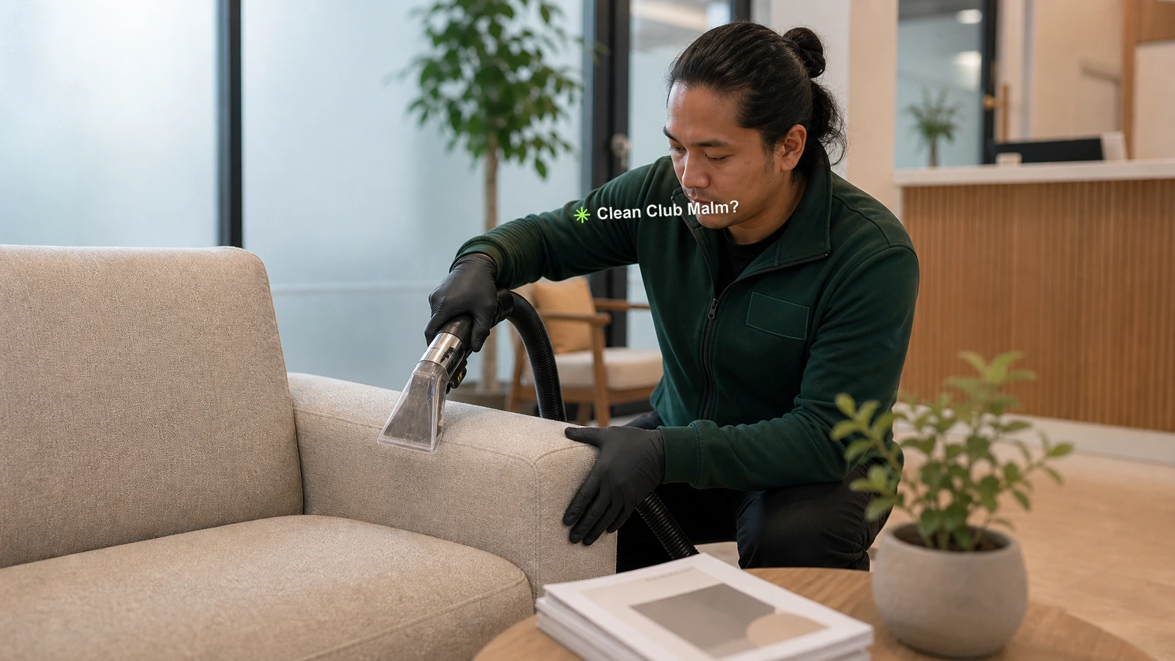 Clean Club Malmö worker cleaning upholstery in a reception area